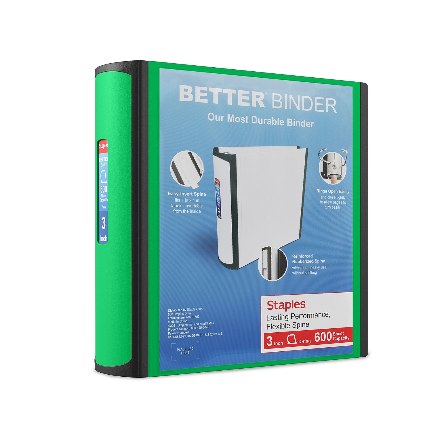 Staples Heavy Duty 3 3-Ring Better Binder, D-Ring, Green (ST55894-CC)