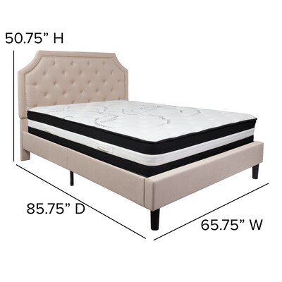 Flash Furniture Brighton Tufted Upholstered Platform Bed in Beige Fabric with Pocket Spring Mattress, Queen (SLBM3)