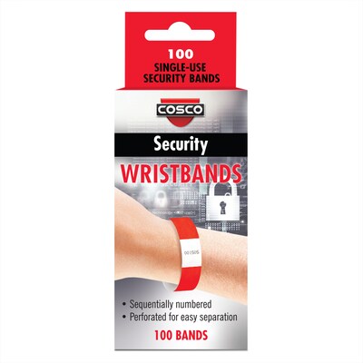 Cosco Polypropylene Crowd Control Security Wristbands, Red, 100 Wristbands/Pack (098624)