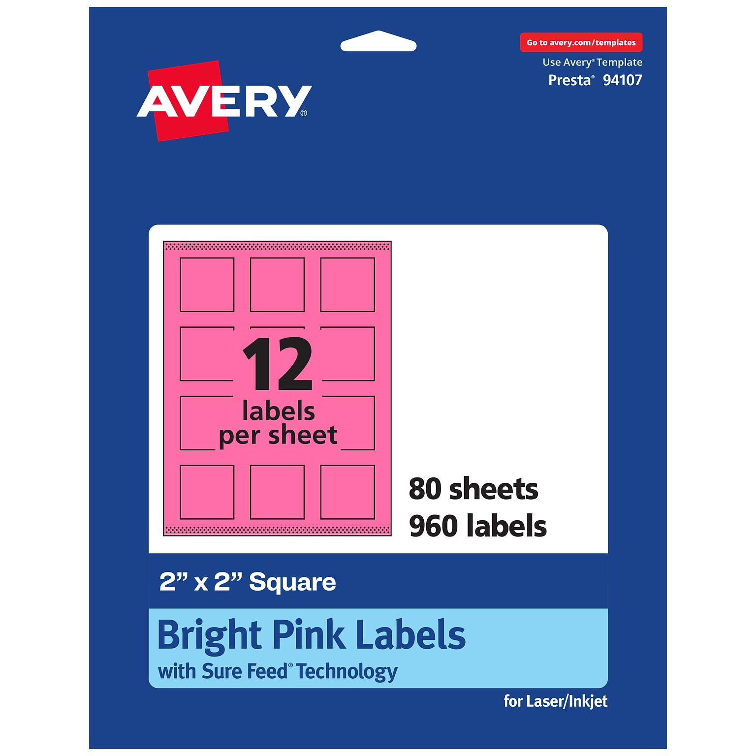 Avery Laser/Inkjet Square Multipurpose Labels, 2 x 2, Bright Pink, 960/Box (94107)