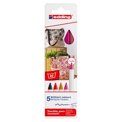 Edding Edd Textile Markers and Pens, 4600 Series Textile Pen, Assorted Ink, 5/Set (EDD446005999)