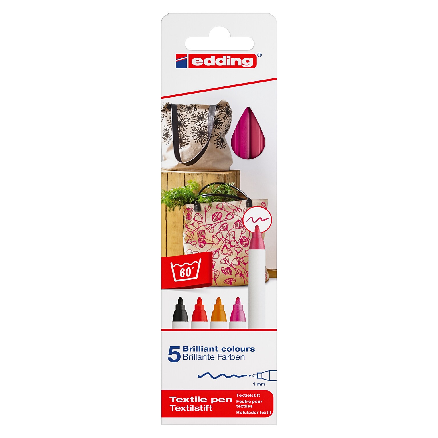 Edding Edd Textile Markers and Pens, 4600 Series Textile Pen, Assorted Ink, 5/Set (EDD446005999)