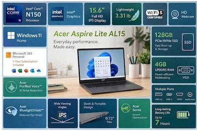 Acer Aspire Lite 15.6 Student Laptop, Intel Core N150, 4GB RAM, 128GB SSD, Windows 11 S Mode, 1 Year of M365 Personal Included