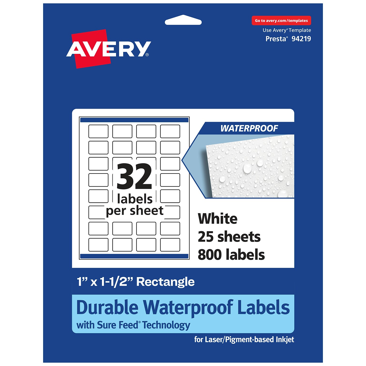 Avery Laser/Inkjet Waterproof Multipurpose Rectangle Labels, 1 x 1.5, White, 800 Labels/Pack (94219)