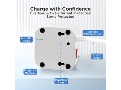 Uncaged Ergonomics Cube 4-Outlet 4-USB Port Surge Protector, 10', White (WC-10-w)