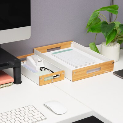 Mind Reader 2-Compartment Metal/Wood Tiered Desktop Organizer Trays, White (2TRAY-WHT)