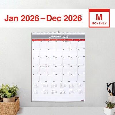 2026 Staples 22.19" x 29" Monthly Wall Calendar, White/Red/Gray (ST63005-26)