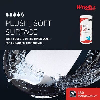 WypAll GeneralClean L30 Durable Fibers Cleaning Wipers, 11" x 10.4", White, 70 Sheets/Roll, 24/Carton (05843)