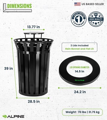 Alpine Industries Metal Outdoor Trash Can with Rain Bonnet Lid and Liner, 38 Gallon, Black (479-38-1)