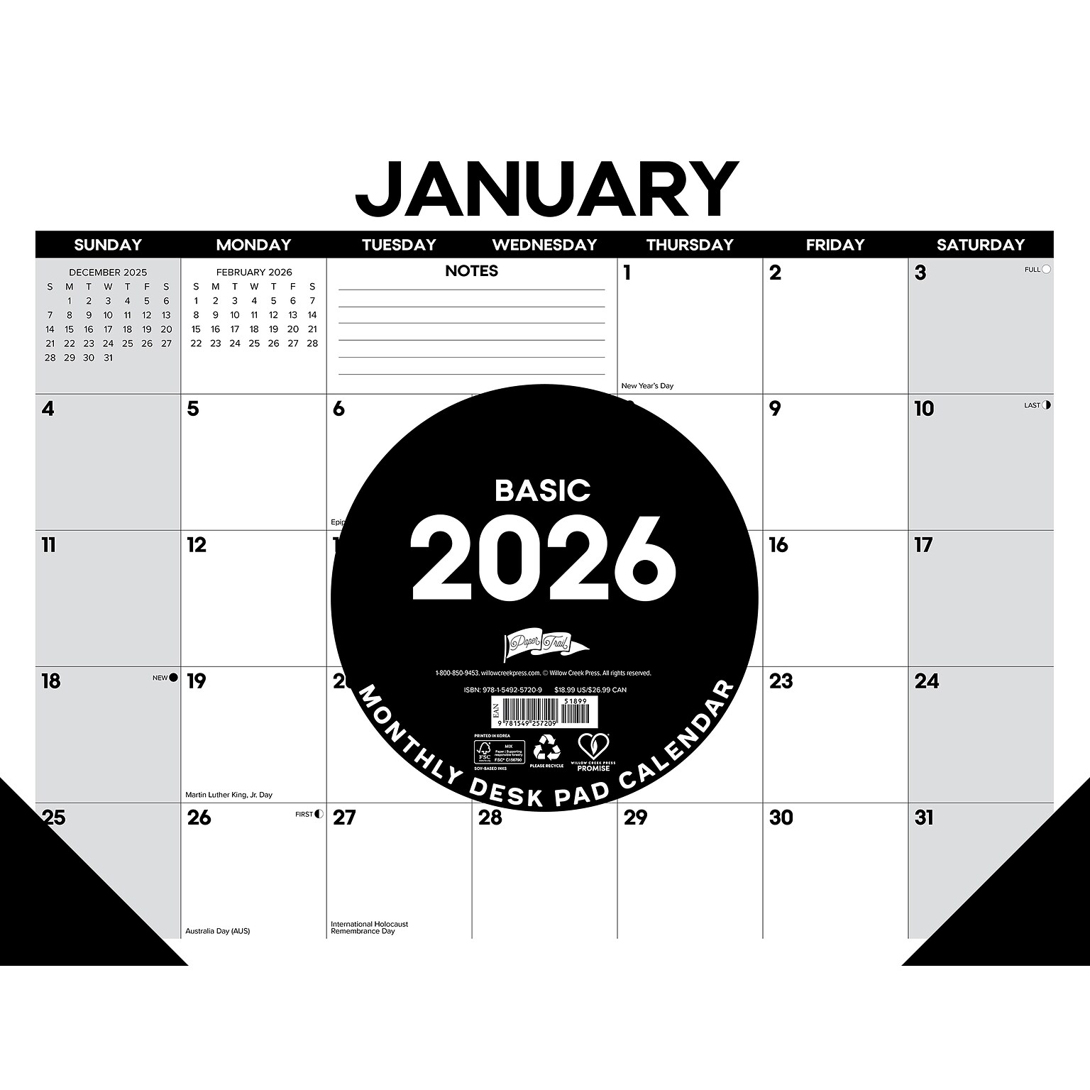 2026 Willow Creek Basic 22 x 17 Monthly Desk Pad Calendar, Black/White (57209)