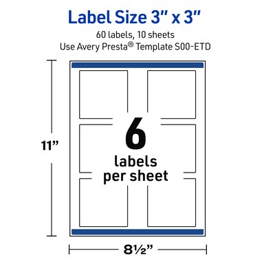 Avery Laser/Inkjet Square Multipurpose Labels, 3" x 3", White, 60/Pack (S00-ETD)