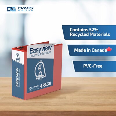 Davis Group Easyview Premium 4" Angle D Ring, Customizable, View Binder, Red, 4/Pack (8406-03)