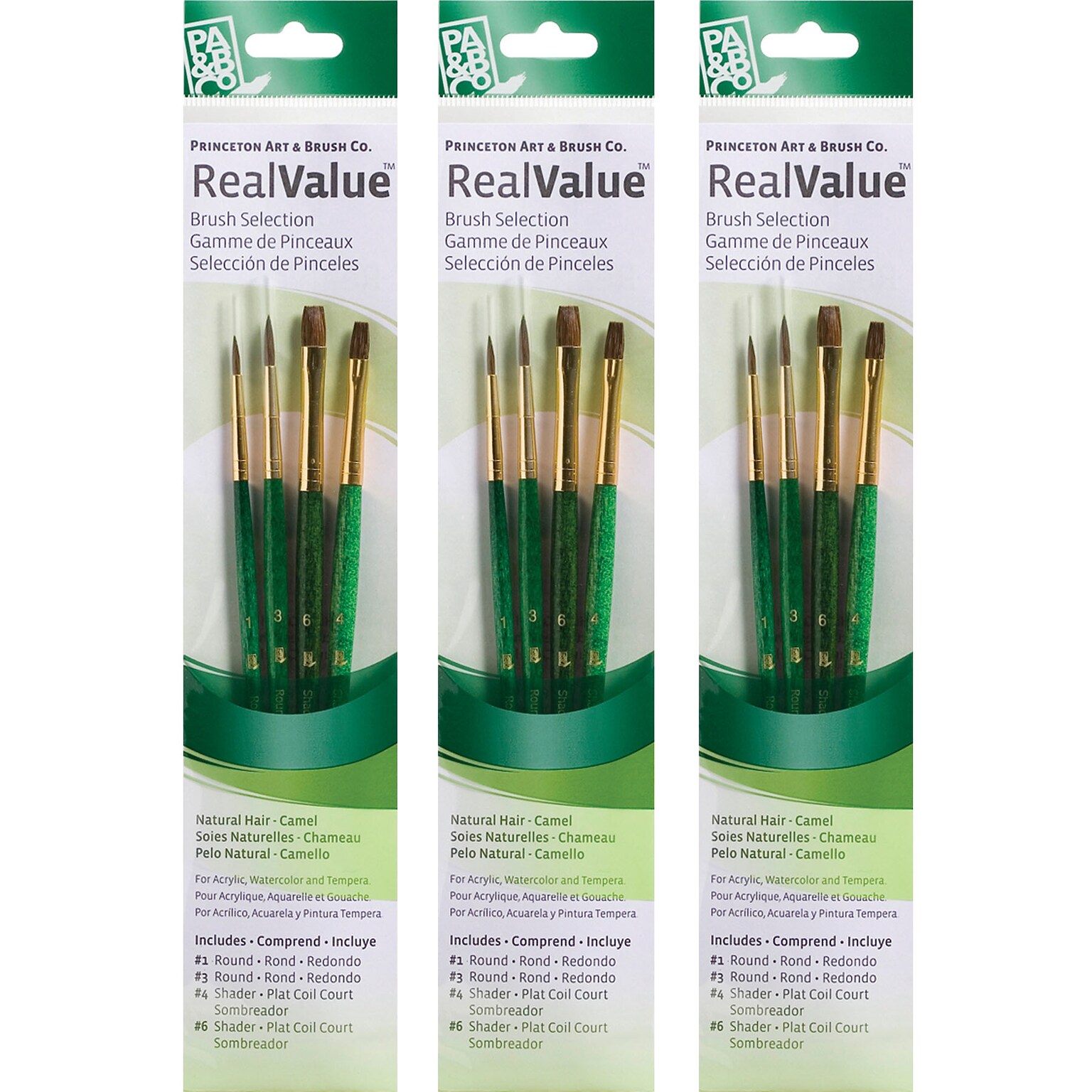 Princeton RealValue Short Handle Mixed Media Natural Camel Variety Brush Set, 4/Set, 3 Sets/Bundle (PBXPR9110-3)