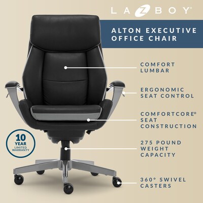 La-Z-Boy Alton Ergonomic Bonded Leather Swivel Executive Chair, Black (51544)