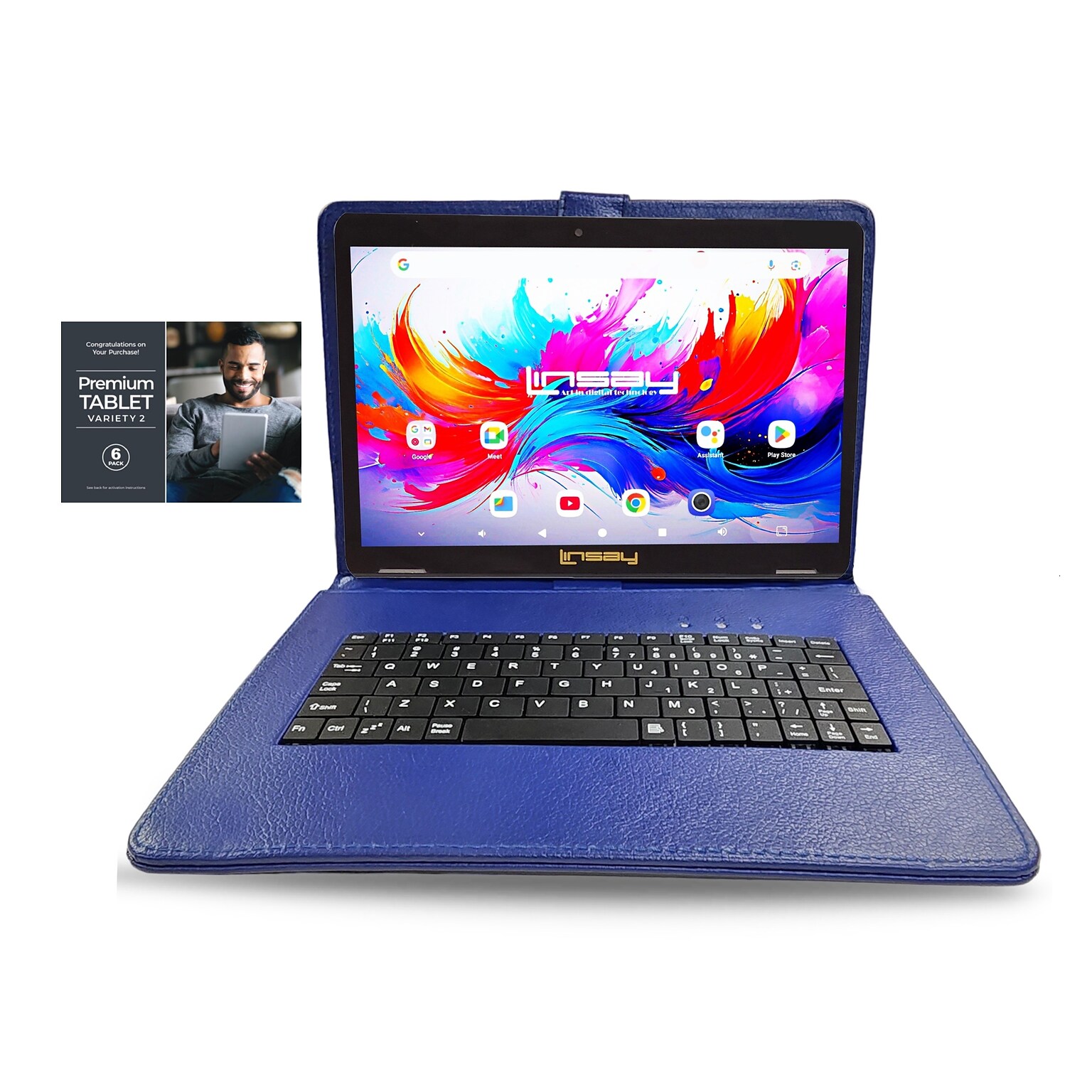 Linsay F10 Series 10.1 Tablet, Wi-Fi, Octa Core, 256GB eMMC, Android 15, with Blue Keyboard Case (F10XIPSBLUESPLUS)