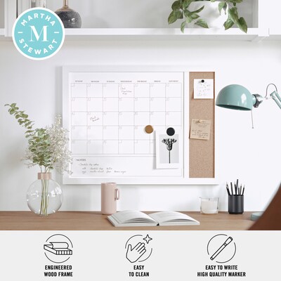 Martha Stewart Everette Magnetic Cork-Dry Erase Monthly Calendar Combo Set, Engineered Wood Frame, 24"x18" (BRPMCO4C14561WT)