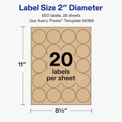Avery Round Laser/Inkjet Multipurpose Labels, 2" Round, Kraft Brown, 20 Labels/Sheet, 25 Sheets/Pack (19479311172)
