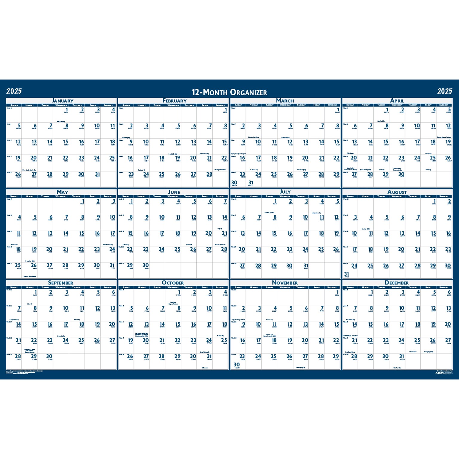 2025 House of Doolittle 24 x 18 Yearly Wet-Erase Wall Calendar, Reversible, White/Blue (3960-25)
