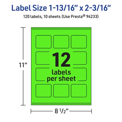 Avery Rectangle Multipurpose Labels, 1-13/16" x 2-3/16", Neon Green, 120/Pack (94233)