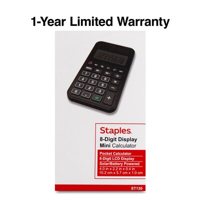 Staples 8-Digit Solar and Battery Basic Pocket Calculator, Black (ST130-CC)