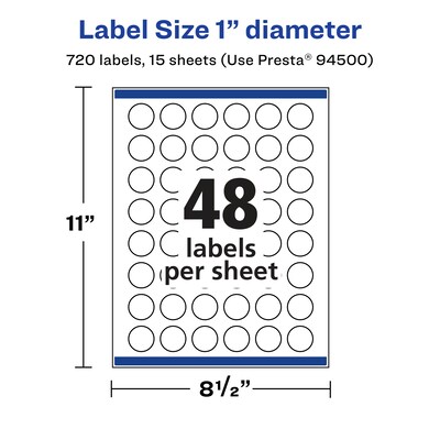 Avery Laser/Inkjet Round Multipurpose Labels, 1" Dia., White, 720 Labels/Pack (94500)