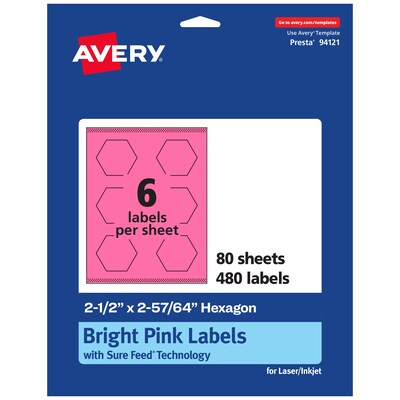Avery Hexagon Laser/Inkjet Multipurpose Labels, 2-1/2 x 2-57/64, Bright Pink (480/Box)
