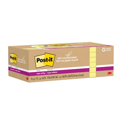 Post-it Recycled Super Sticky Notes, 3 x 3, Canary Collection, 70 Sheets/Pad, 12 Pads/Pack (654R-1