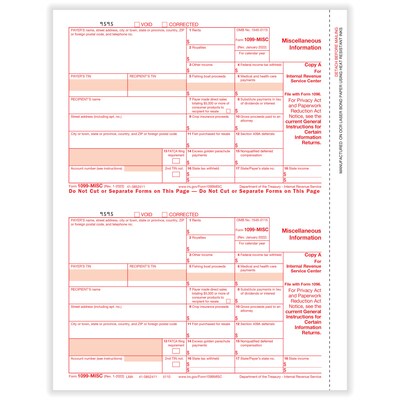 ComplyRight 2023 1099-MISC Tax Form, 1-Part, 2-Up, Federal Copy A, 25/Pack (511025)