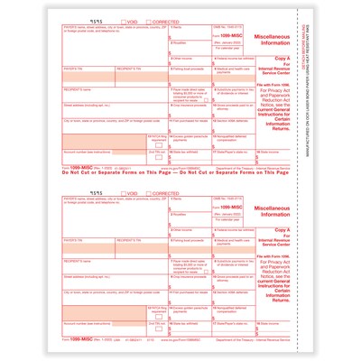 ComplyRight 2023 1099-MISC Tax Form, 1-Part, 2-Up, Federal Copy A, 25/Pack (511025)