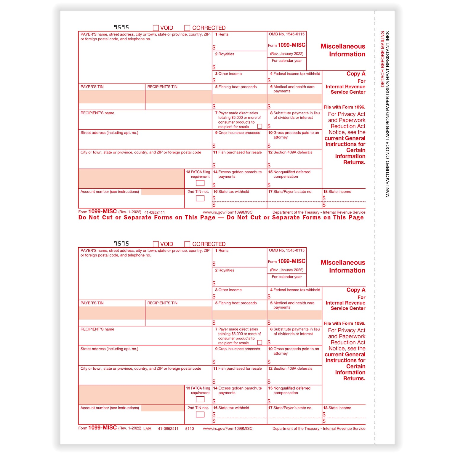 ComplyRight 2023 1099-MISC Tax Form, 1-Part, 2-Up, Federal Copy A, 25/Pack (511025)