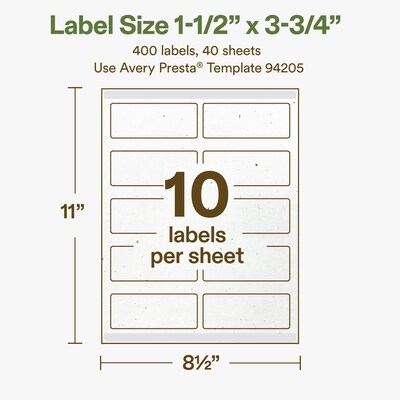 Avery Hemp Rectangle Laser/Inkjet Multipurpose Labels, 1-1/2" x 3-3/4", Off-White (400/Box)