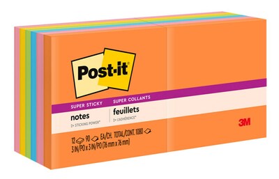 Post-it Super Sticky Notes, 3 x 3, Energy Boost Collection, 90 Sheet/Pad, 12 Pads/Pack (65412SSUC)
