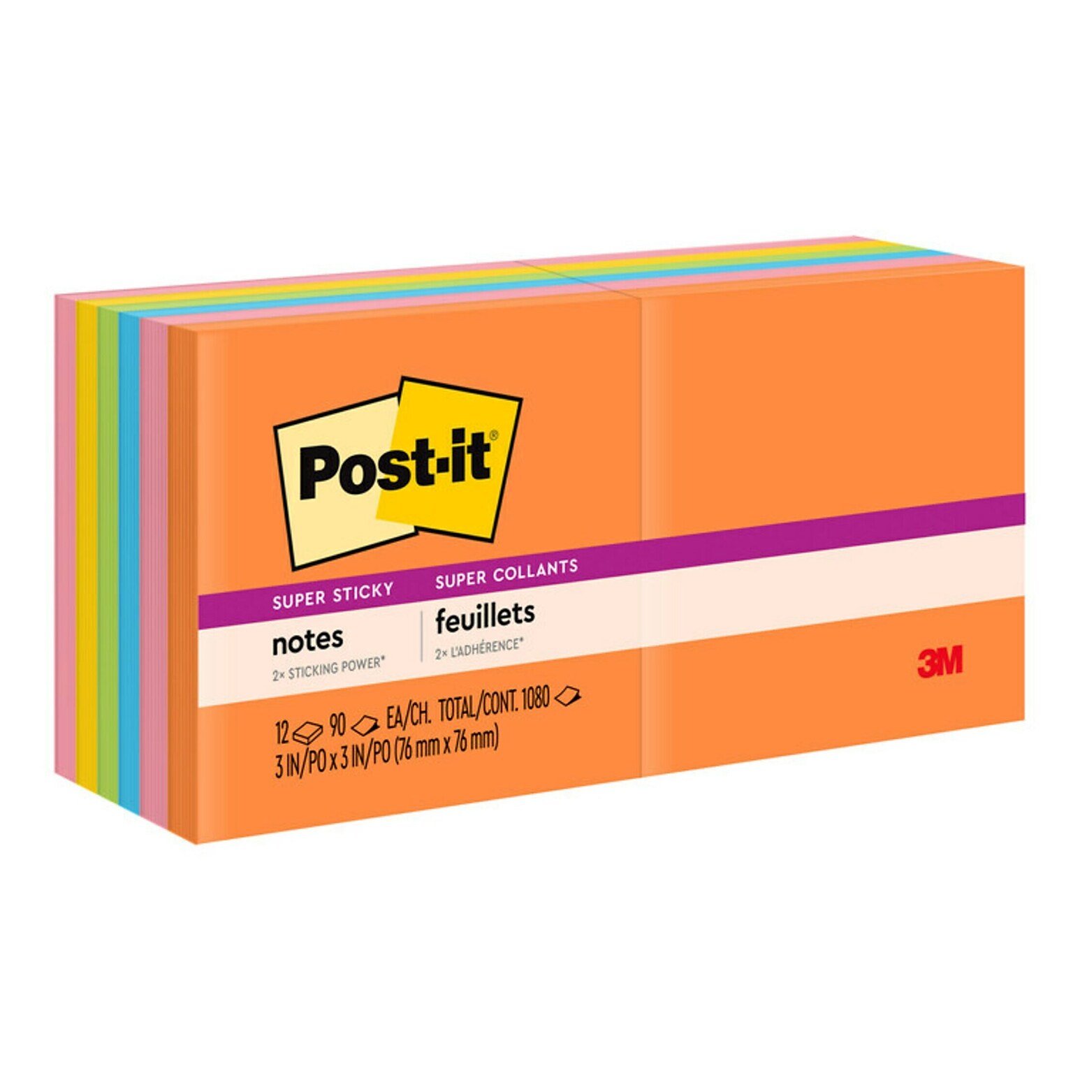 Post-it Super Sticky Notes, 3 x 3, Energy Boost Collection, 90 Sheet/Pad, 12 Pads/Pack (65412SSUC)