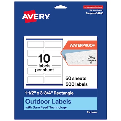Avery Waterproof Rectangle Laser Multipurpose Labels, 1.5 x 3.75, White, 500/Box (19479399214)