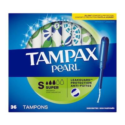 Tampax Pearl Super Absorbency Cotton Tampons, Plastic Applicator, 36/Pack (00370)