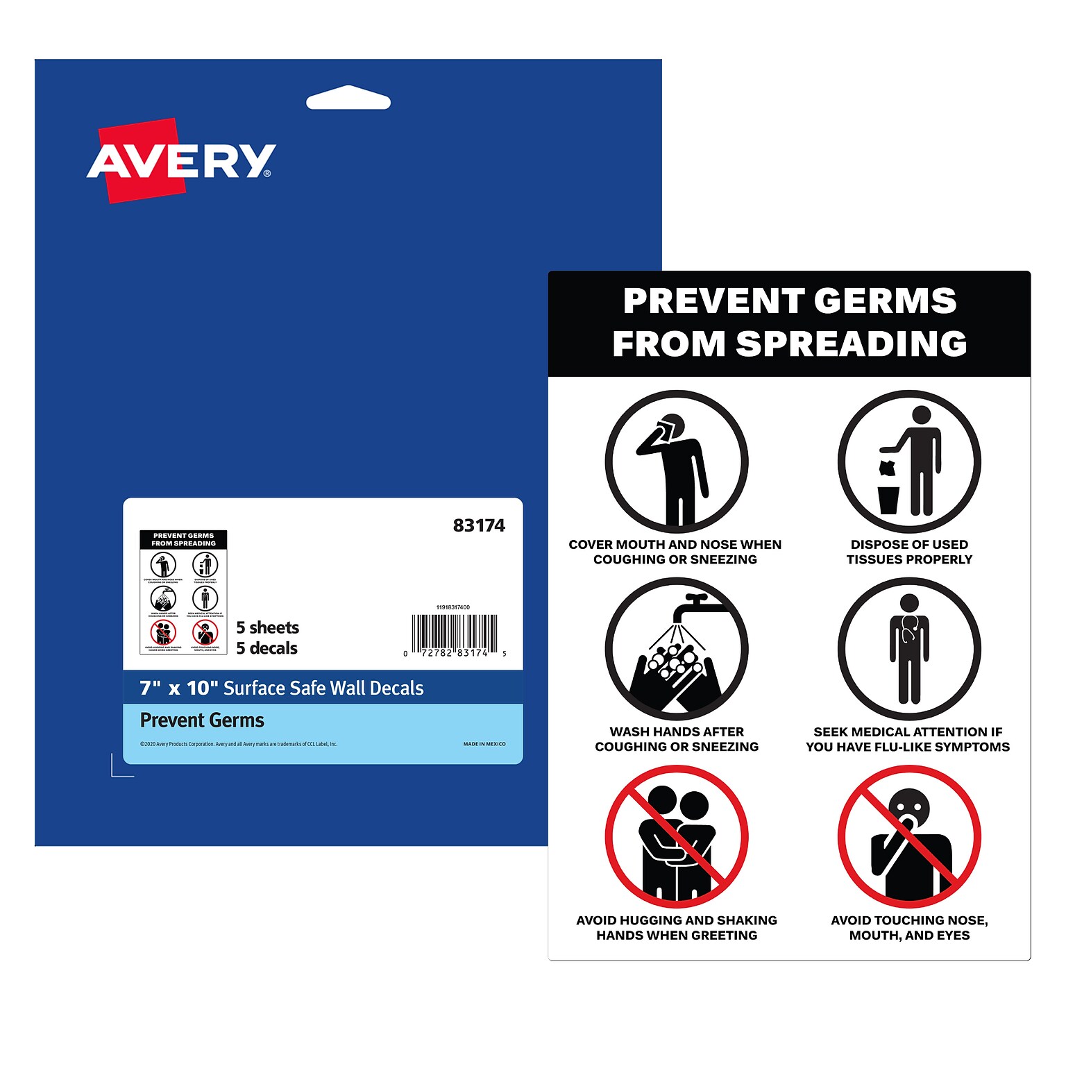 Avery Surface Safe Prevent Germs from Spreading Preprinted Wall Decals, 7 x 10, White/Black, 5/Pack (83174)