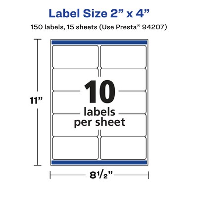 Avery Laser/Inkjet Rectangle Multipurpose Labels, 2" x 4", White, 150 Labels/Pack (94207)