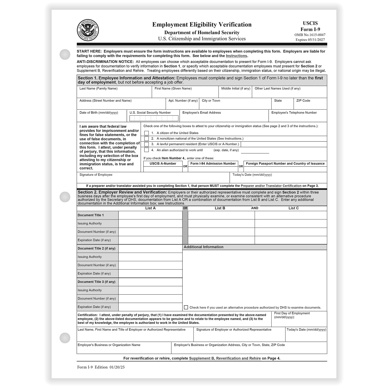 ComplyRight 2025 I-9 Tax Form, 1-Part, I-9, 50/Pack (A2416)