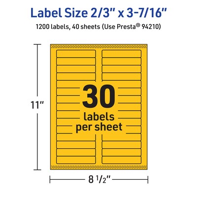 Avery Laser/Inkjet Rectangle Multipurpose Labels, 2/3" x 3-7/16", Bright Yellow, 1200/Pack (94210)