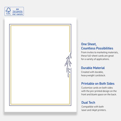 Avery Gold & Navy Border with Florals Matte Blank Card, White, 10/Pack (S00-DPJ)