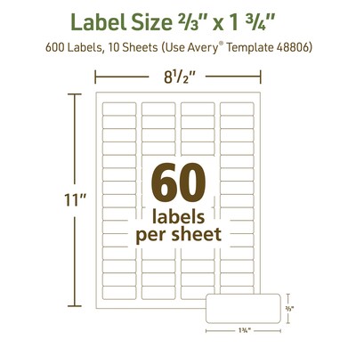 Avery EcoFriendly Laser/Inkjet Address Labels, 2/3" x 1-3/4", Matte White, 600 Labels/Pack (48806)