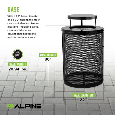Alpine Industries 4460 Steel Mesh Trash Can with Covered Top with Open Sides Lid, 36 Gallon, Black (ALP4460-01-B)