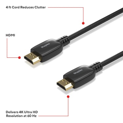 Staples TECH 4 ft. HDMI to HDMI Audio/Video Cable, Male to Male, Black, 2/Pack (ST62478)