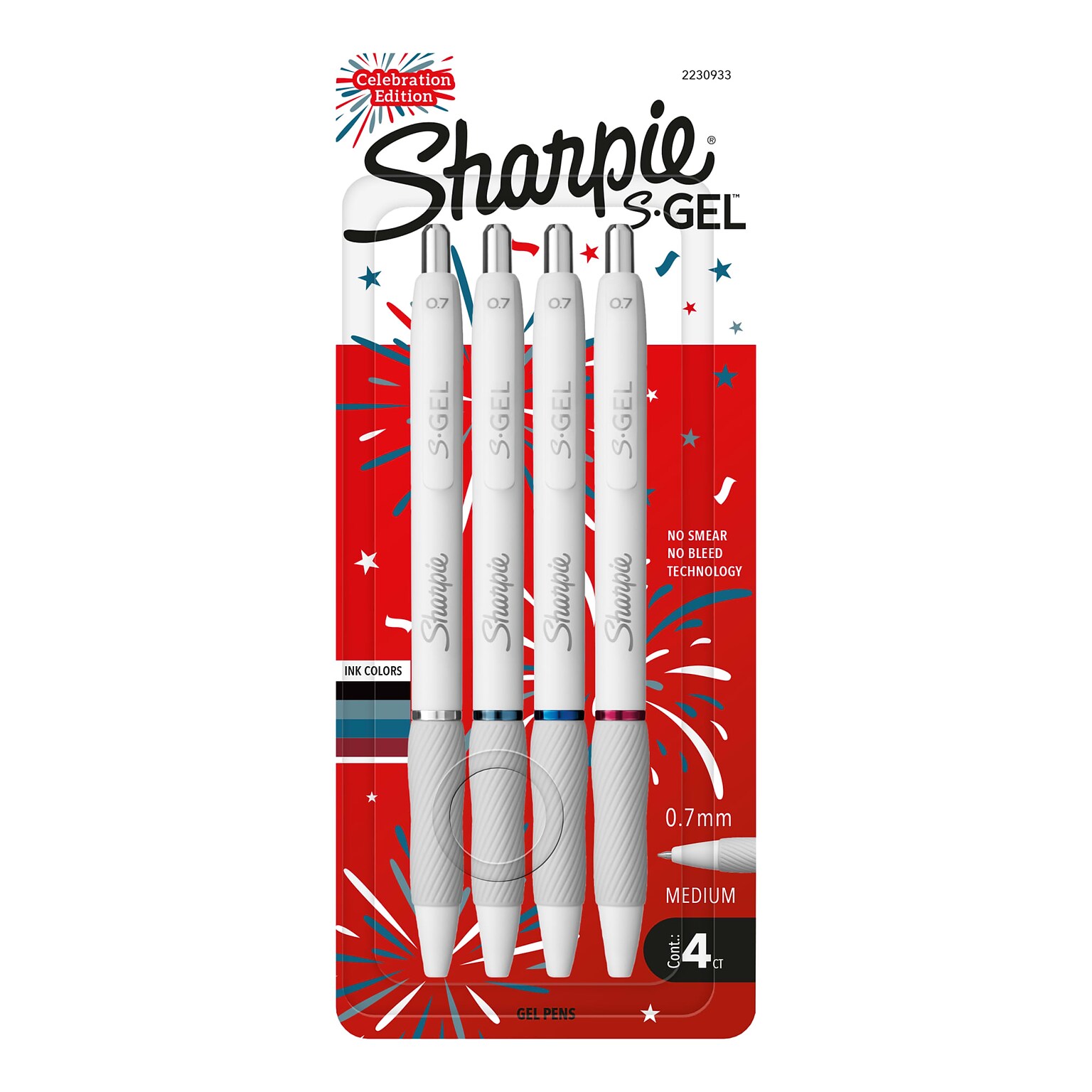 Sharpie S-Gel Pens, Medium Point, 0.7mm, Assorted Ink, 4/Pack (2230933)