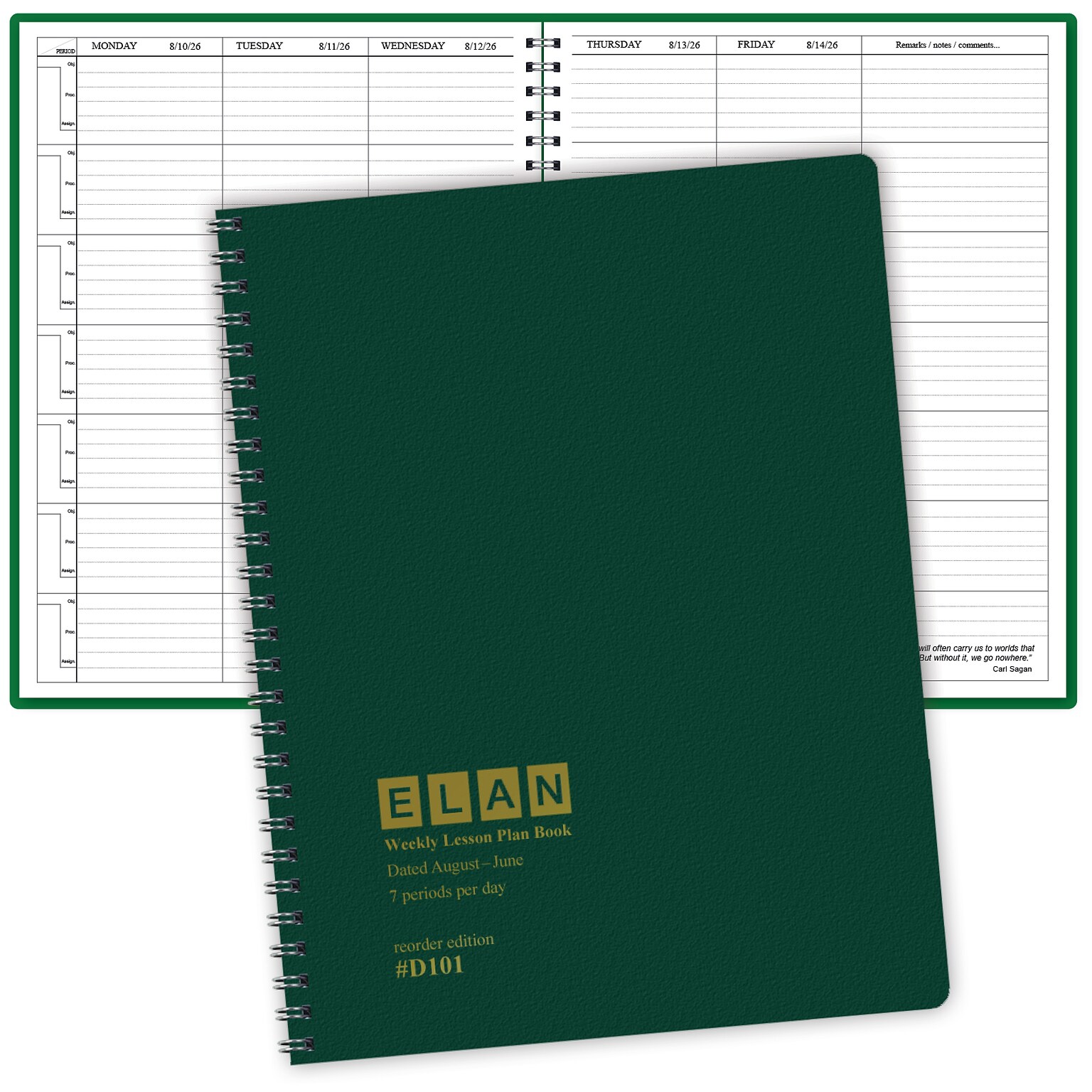 2026-2027 ELAN 8.5 x 11 Academic Weekly & Monthly Teacher Planner, Paperboard Cover, Green (D101-AY26)