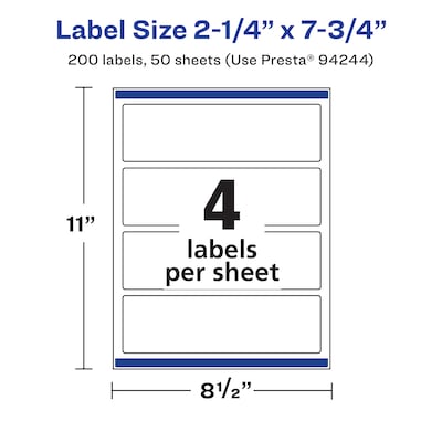 Avery Laser/Inkjet Rectangle Waterproof Multipurpose Labels, 7.75"  x 2.25", White, 200/Box (94244)