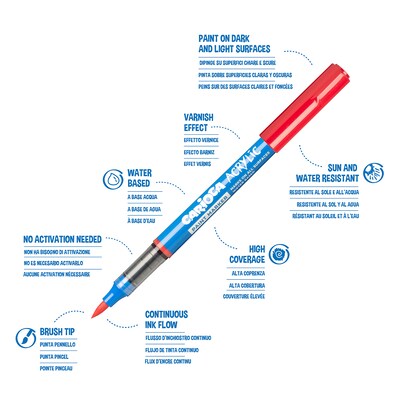 CARIOCA Water Based Acrylic Paint Markers, Brush Tip, Assorted Colors, 18/Set (CRA45282)