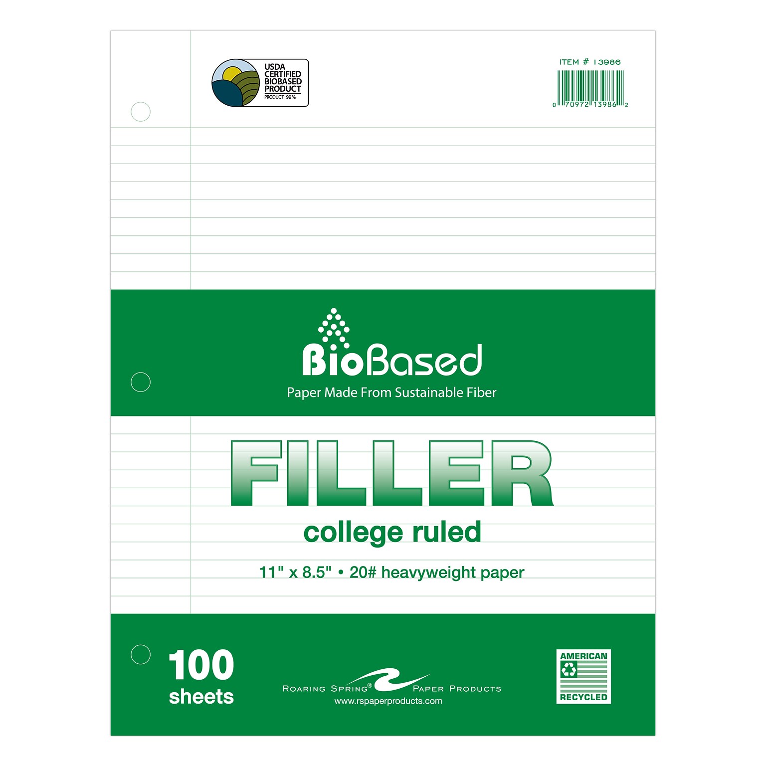 Roaring Spring Paper Products BioBased College Ruled Filler Paper, 8.5 x 11, 3-Hole Punched, 100 Sheets/Pack (13986)