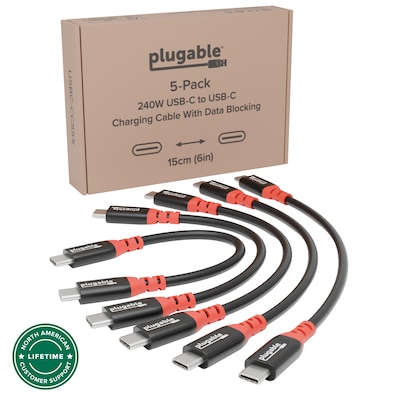 Plugable 0.5 ft. USB-C to USB-C Charging Cable, Male to Male, Black, 5/Pack (USBC-CCS5X)