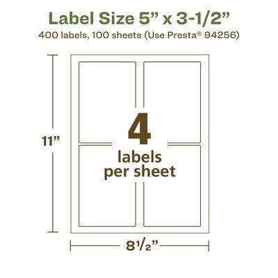 Avery EcoFriendly Laser/Inkjet Rectangle Multipurpose Labels, 5" x 3-1/2", White, 400/Box (94256)